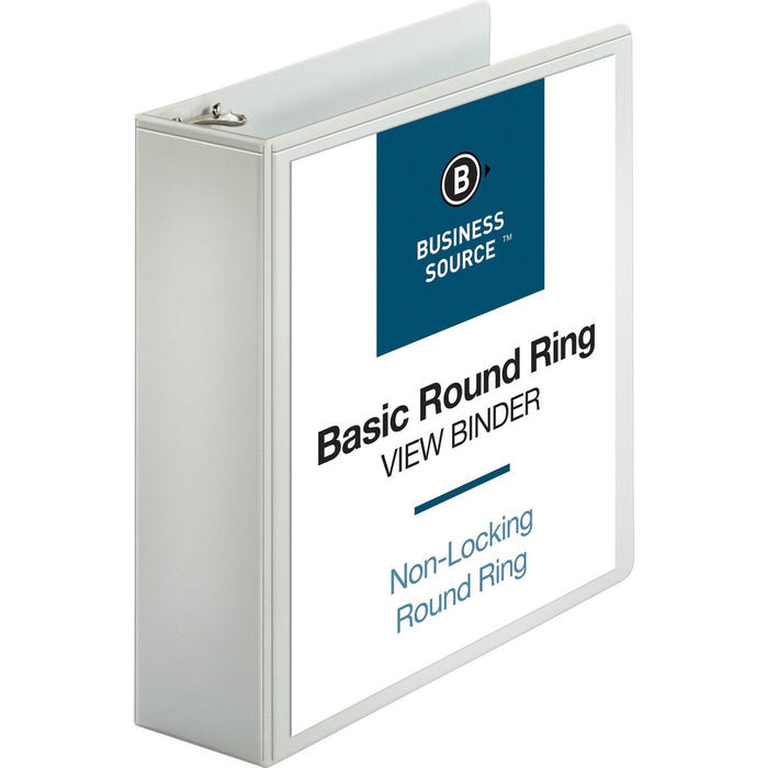 Business Source Round-ring View Binder - 3" (76.20 mm) Binder Capacity - Letter - 8 1/2" (215.90 mm) x 11" (279.40 mm) Sheet Size - 625 Sheet Capacity - Fastener: Round Ring - Pocket: 2, Internal - Polypropylene - White - Wrinkle-free, Gap-free Ring, Clea