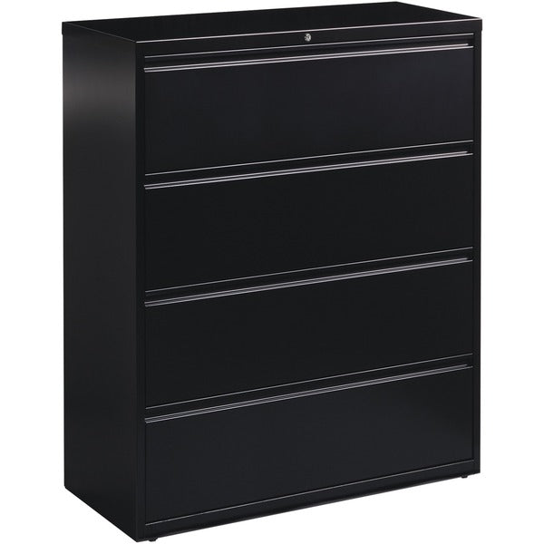 Lorell Fortress Series Lateral File - 42" (1066.80 mm) Width x 18.6" (473.08 mm) Depth x 52.5" (1333.50 mm) Height - 4 x Drawer(s) for File - Letter, Legal, A4 - Lateral - Interlocking, Leveling Glide, Label Holder, Ball-bearing Suspension - Black - Recyc