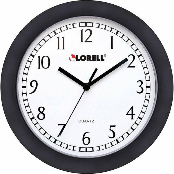 Lorell 9" Round Wall Clock - Analog - Quartz - White Main Dial - Black/Plastic Case