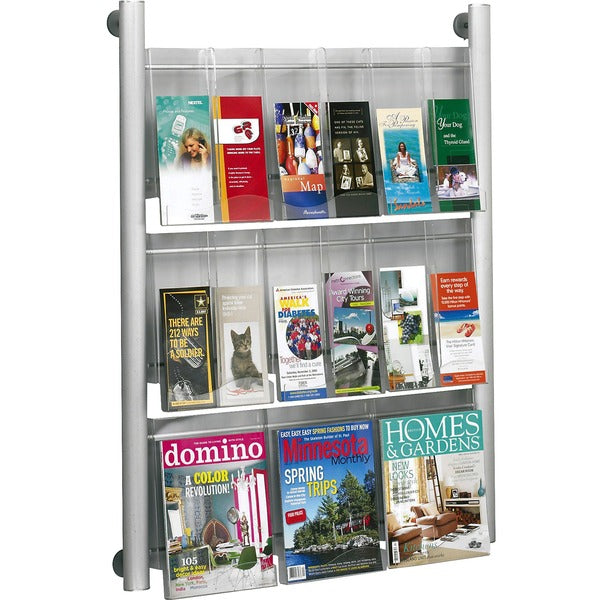 Safco Luxe 9 Pocket Magazine Wall Rack - 9 x Magazine, 18 - 9 Pocket(s) - 9 Compartment(s) - 9 Divider(s) - 41" (1041.40 mm) Height x 31.8" (806.45 mm) Width x 5" (127 mm) Depth - Floor - Acrylic, Aluminum - 1 Each
