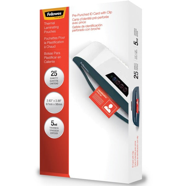 Fellowes Punched ID Card/Clip Glossy Laminating Pouches - Laminating Pouch/Sheet Size: 3.88" (98.55 mm) Width x 5 mil (0.13 mm) Thickness - Glossy - for ID Badge - Durable, Easy to Use - Clear - 25 / Pack