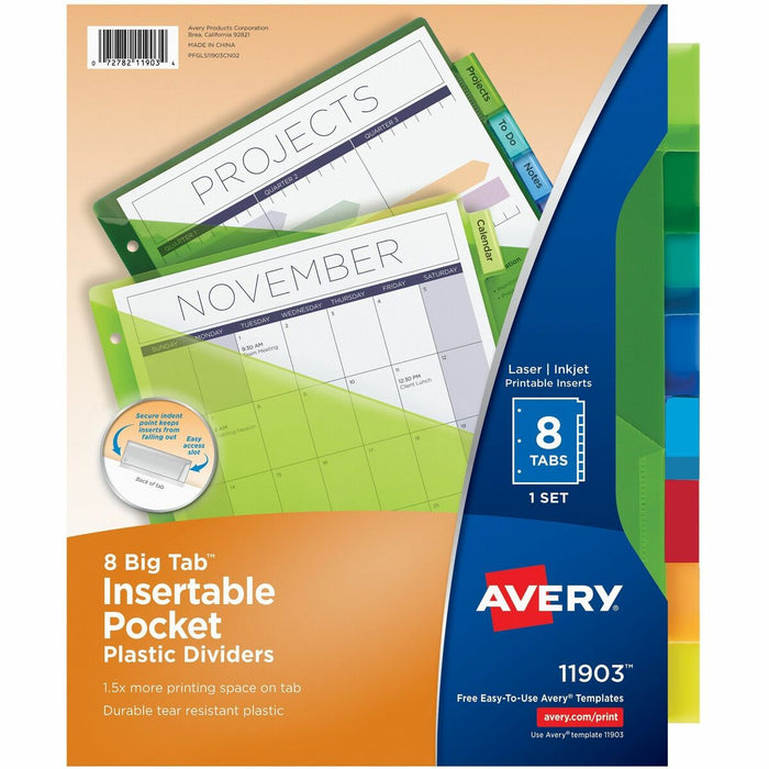 Avery&reg; Big Tab™ Insertable Plastic Dividers with Pocketsfor Laser and Inkjet Printers, 9-1/4" x 11-1/8" , 8 tabs, 1 set - 8 x Divider(s) - 8 - 8 Tab(s)/Set - 9.25" (234.95 mm) Divider Width x 11.25" (285.75 mm) Divider Length - 3 Hole Punched -