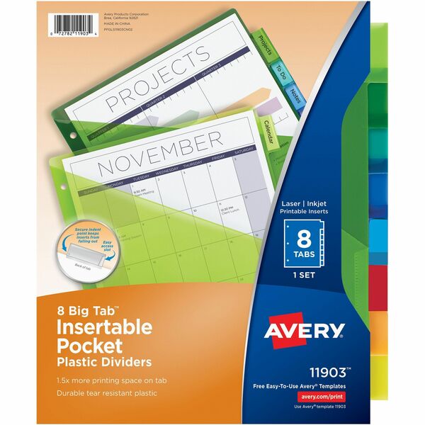 Avery&reg; Big Tab&trade; Insertable Plastic Dividers with Pockets for Laser and Inkjet Printers, 9¼" x 11?" , 8 tabs, 1 set - 8 x Divider(s) - 8 - 8 Tab(s)/Set - 9.25" Divider Width x 11.25" Divider Length - 3 Hole Punched - Translucent Plastic, Multicol