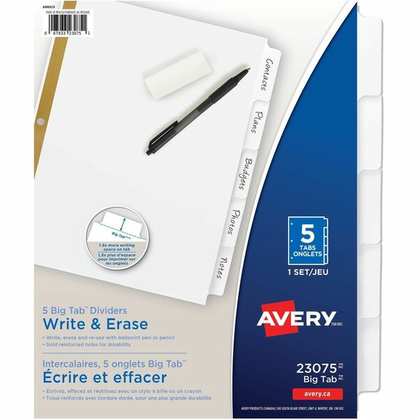 Avery&reg;Big Tab&trade; Write & Erase Dividers 5 tabs - 5 x Divider(s) - 5 Write-on Tab(s) - 5 - 5 Tab(s)/Set - 8.50" Divider Width x 11" Divider Length - 3 Hole Punched - White Paper Divider - White Paper Tab(s) - Recycled - Hole-punched, Writable, Eras