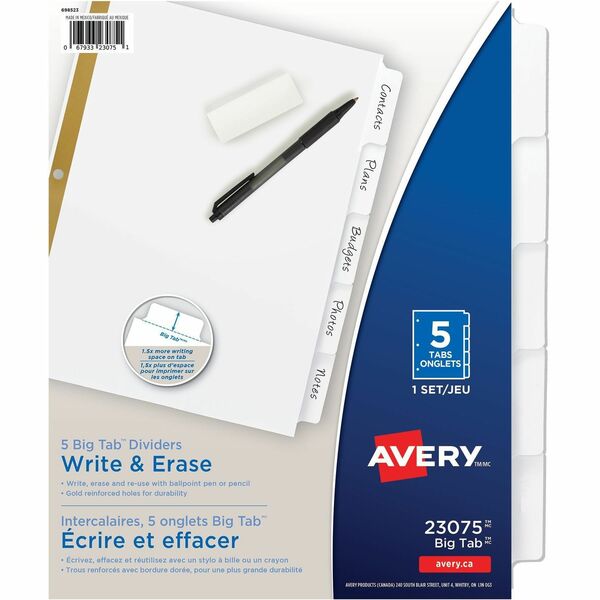 Avery&reg; Avery&reg;Big Tab&trade; Write & Erase Dividers5 tabs - 5 x Divider(s) - 5 Write-on Tab(s) - 5 - 5 Tab(s)/Set - 8.50" (215.90 mm) Divider Width x 11" (279.40 mm) Divider Length - 3 Hole Punched - White Paper Divider - White Paper Tab(s) - Recyc