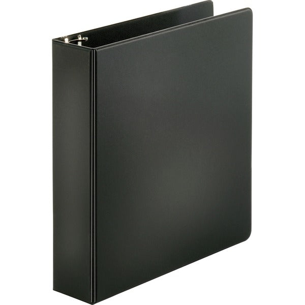 Business Source Basic Round-ring Binder - 2" (50.80 mm) Binder Capacity - Letter - 8 1/2" (215.90 mm) x 11" (279.40 mm) Sheet Size - 3 Ring - Fastener: Round Ring - Pocket: Inside Front & Back - Vinyl - Black - 1 lb (453.59 g) - Recycled - Exposed Rivet,