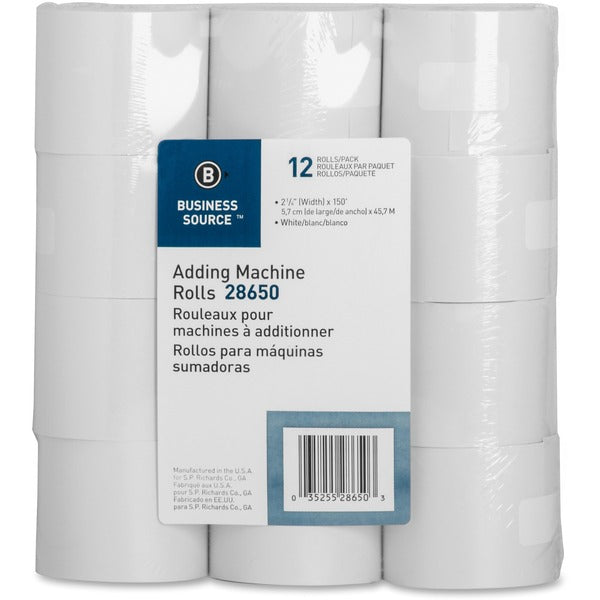 Business Source 150' Adding Machine Rolls - 2 1/4" (57.15 mm) x 150 ft (45.72 m) - Sustainable Forestry Initiative (SFI) - Lint-free - White - 12 / Pack