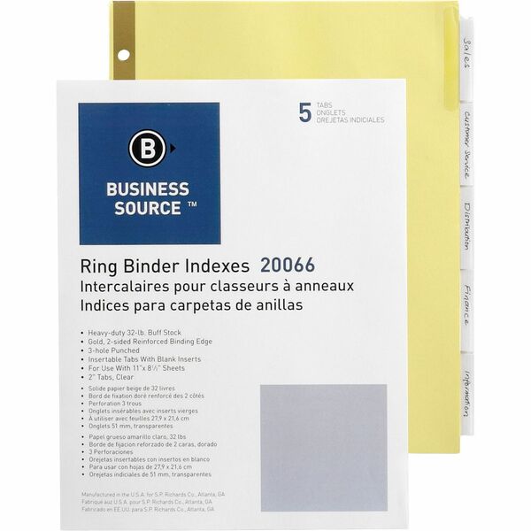 Business Source Insertable 5-Tab Ring Binder Indexes - 5 x Divider(s) - 5 Tab(s)/Set2" Tab Width - 8.50" Divider Width x 11" Divider Length - Letter - 3 Hole Punched - Buff Divider - Clear Tab(s) - Mylar Reinforcement, Insertable, Reinforced Edges, Tear R