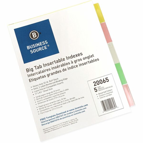 Business Source Reinforced Insertable Tab Indexes - 5 Tab(s) - 2" (50.80 mm) Tab Width - 8.50" (215.90 mm) Divider Width x 11" (279.40 mm) Divider Length - Letter - 3 Hole Punched - Buff Divider - Manila Tab(s) - Mylar Reinforcement, Insertable, Reinforce