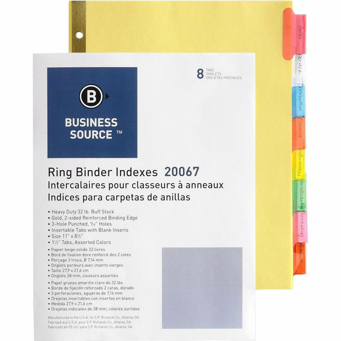 Business Source Reinforced Insertable Tab Indexes - 8 x Divider(s) - 8 Tab(s)/Set - 1.50" (38.10 mm) Tab Width - 8.50" (215.90 mm) Divider Width x 11" (279.40 mm) Divider Length - Letter - 3 Hole Punched - Buff Divider - Manila Tab(s) - No - Mylar Reinfor