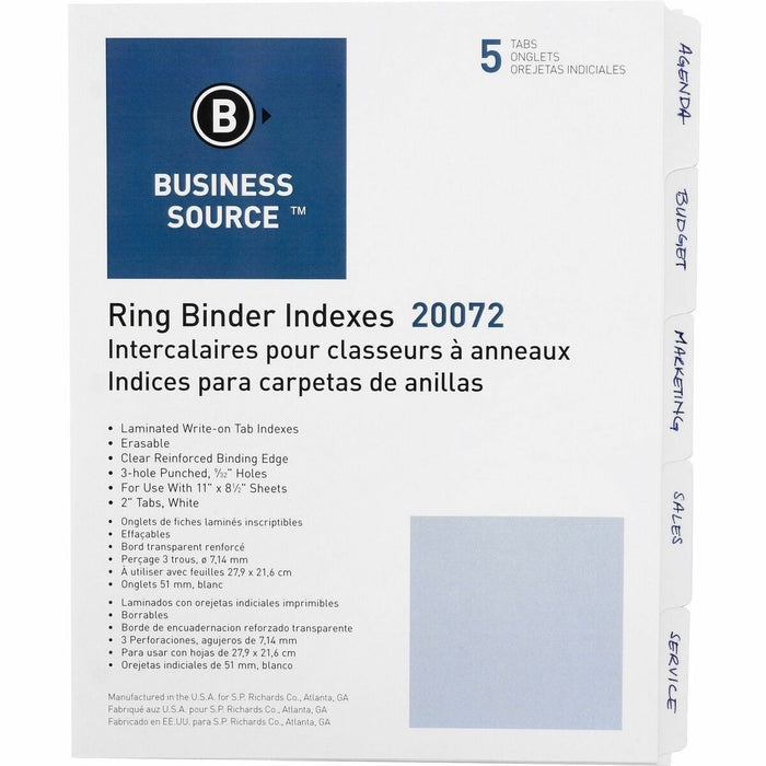 Business Source 3-Ring 5-Tab Erasable Tab Indexes - 5 Write-on Tab(s) - 2" (50.80 mm) Tab Width - 8.50" (215.90 mm) Divider Width x 11" (279.40 mm) Divider Length - Letter - 3 Hole Punched - White Divider - Mylar Tab(s) - 100% Yes - Erasable, Reinforced E