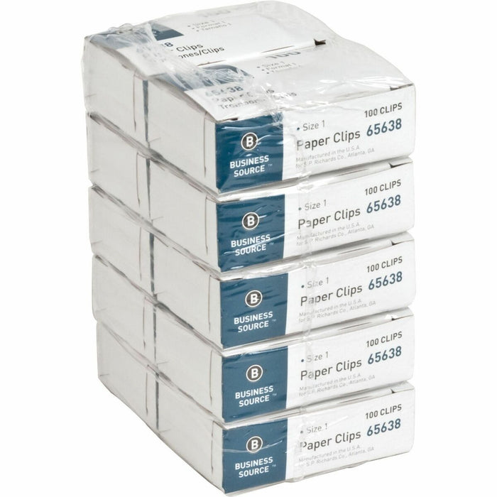 Business Source Paper Clips - No. 1 - Silver - Steel - 100/Box - 10 / Pack