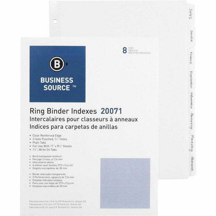 Business Source 3-Ring Plain Tab Indexes - 8 Write-on Tab(s) - 8 Tab(s)/Set - 1.25" (31.75 mm) Tab Width - 8.50" (215.90 mm) Divider Width x 11" (279.40 mm) Divider Length - Letter - 3 Hole Punched - White Divider - 100% Yes - Punched, Mylar Reinforced Ed