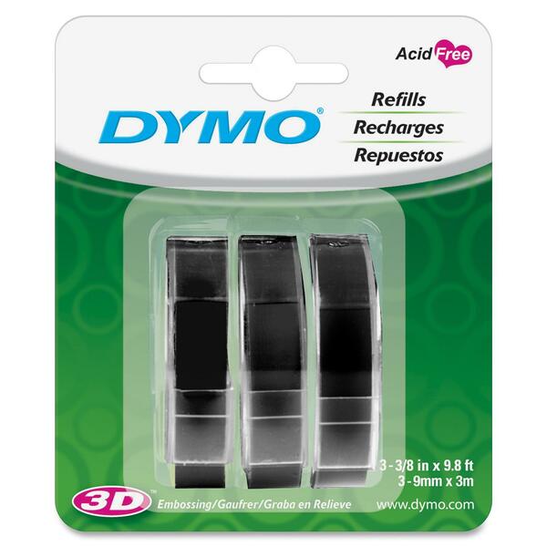 Dymo 1741670 Glossy Embossing Tape - 3/8" (9.52 mm) Width x 117 3/5" (2987.04 mm) Length - Rectangle - Black - Vinyl - Water Resistant - 3 / Pack