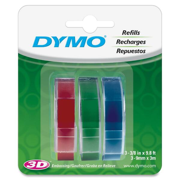 Dymo 1741671 Glossy Embossing Tape - 3/8" (9.53 mm) Width x 117 3/5" (2987.04 mm) Length - Rectangle - Blue, Red, Green - Vinyl - Water Resistant - Self-adhesive, Weather Resistant, Corrosion Resistant, Abrasion Resistant, Chemical Resistant - 3 / Pack