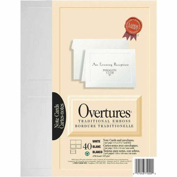 First Base Overtures Traditional Embossed Note Cards, White, 40 sets, 71020 - 4 1/4" (107.95 mm) x 5 1/2" (139.70 mm) - 47 lb (21318.84 g) Basis Weight - Green Seal - Acid-free, Lignin-free, Embossed, Micro Perforated - White - 40 Set