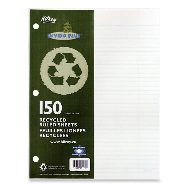 Hilroy 05470 Recycled Notebook Filler Paper - 150 Sheets - Ruled Margin - 10 7/8" (27.62 cm) x 8 5/8" (21.91 cm) Sheet Size - White Paper - Recycled - 1 / Pack