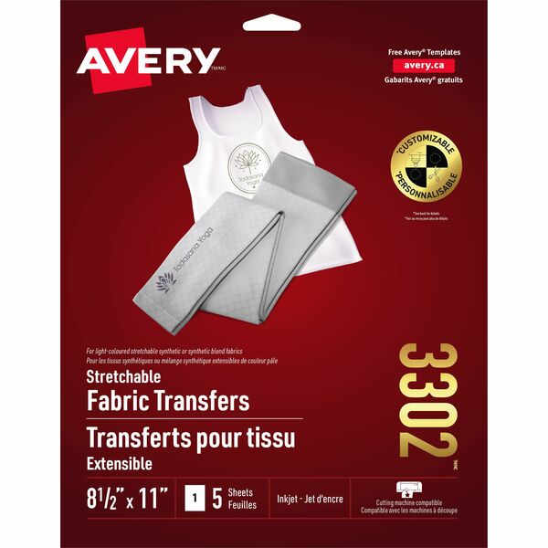 Avery&reg; Stretchable T-Shirt Transfers - Letter - 8 1/2" (215.90 mm) x 11" (279.40 mm) - Matte - Crack Resistant, Fade Resistant, Washable - Clear - 5/Pack - 6 / Carton