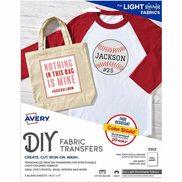 Avery&reg; Stretchable T-Shirt Transfers - Letter - 8 1/2" (215.90 mm) x 11" (279.40 mm) - Matte - Crack Resistant, Fade Resistant, Washable - Clear - 5/Pack - 1 Carton