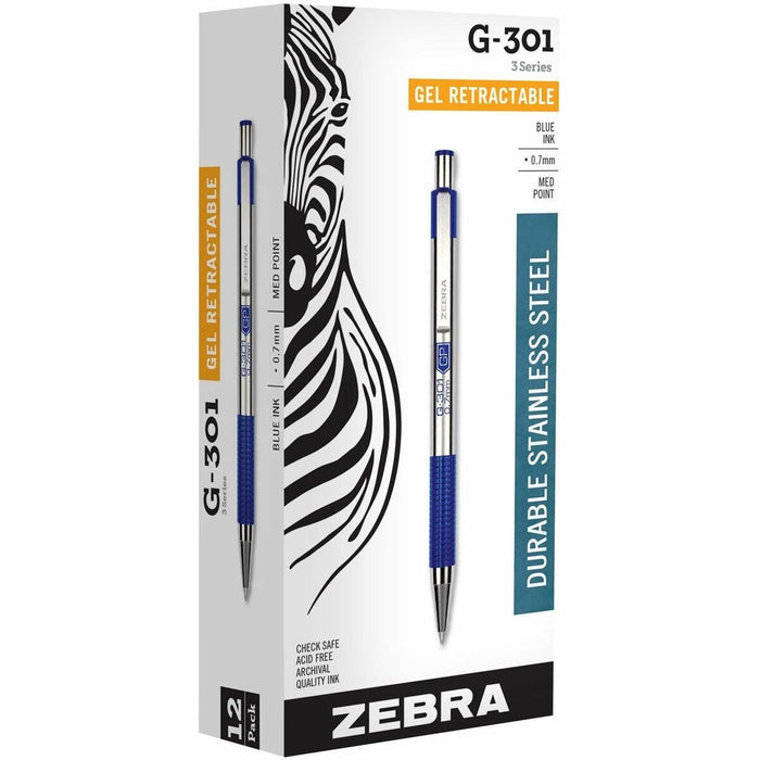 Zebra Pen G-301 41320 Ballpoint Pen - Refillable - Blue Ink - Gel-based - Stainless Steel Barrel - 1 Each