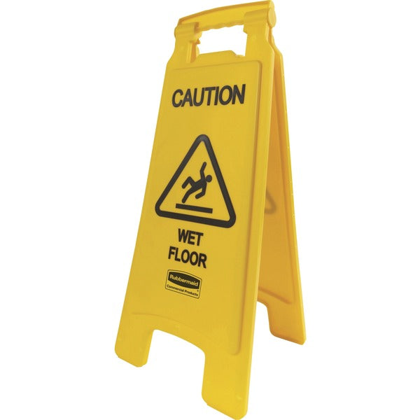 Rubbermaid Commercial Caution Wet Floor Safety Sign - English, French, Spanish - Print/Message "Caution Wet Floor" - 11" (279.40 mm) Width x 25" (635 mm) Height x 12" (304.80 mm) Depth - Rectangular Shape - Black Print/Message Color - Hanging - Double Sid