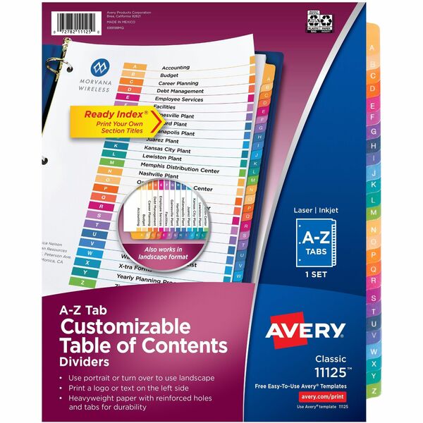 Avery&reg; Ready Index&reg; Table of Contents Dividers for Laser and Inkjet Printers, A-Z - 26 x Divider(s) - 26 Printed Tab(s) - Alphabet - A-Z - 26 Tab(s)/Set - 8.50" (215.90 mm) Divider Width x 11" (279.40 mm) Divider Length - Letter - 8.50" (215.90 mm