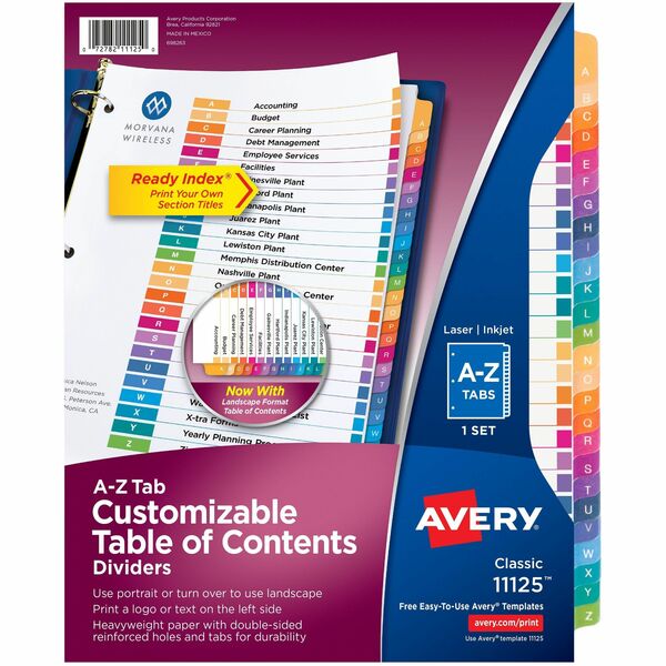 Avery&reg; Ready Index&reg; Table of Contents Dividers for Laser and Inkjet Printers, A-Z - 1 x Divider(s) - 26 Printed Tab(s) - Alphabet - A-Z - 26 Tab(s)/Set - 8.50" (215.90 mm) Divider Width x 11" (279.40 mm) Divider Length - Letter - 8.50" (215.90 mm)