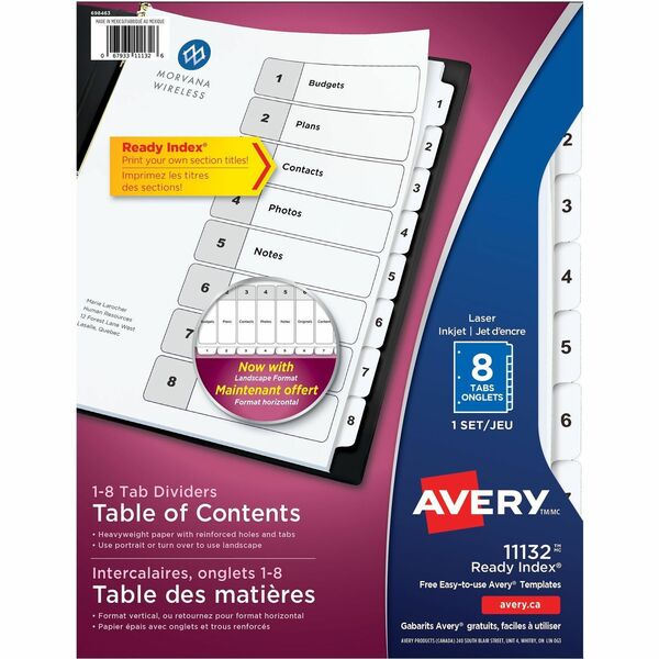 Avery&reg; Ready Index&reg; Table of Content Dividersfor Laser and Inkjet Printers, 8 tabs - 8 x Divider(s) - 1-8 - 8 Tab(s)/Set - 8.50" (215.90 mm) Divider Width x 11" (279.40 mm) Divider Length - 3 Hole Punched - White Paper Divider - White Paper Tab(s)
