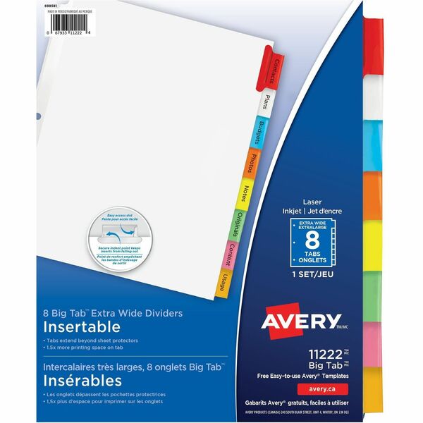 Avery&reg; Big Tab Insertable Extra-Wide Dividers - 8 x Divider(s) - 8 Tab(s) - 8 - 8 Tab(s)/Set - 9.25" (234.95 mm) Divider Width x 11.12" (282.45 mm) Divider Length - 3 Hole Punched - White Paper Divider - Multicolor Paper Tab(s) - 20% - Hole-punched, I