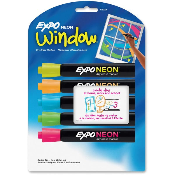 Expo Neon Window Neon Dry-erase Markers - Bullet Marker Point - Erasable - Neon Yellow, Neon Blue, Neon Green, Neon Orange, Neon Pink Ink - Assorted Barrel - 5 / Set