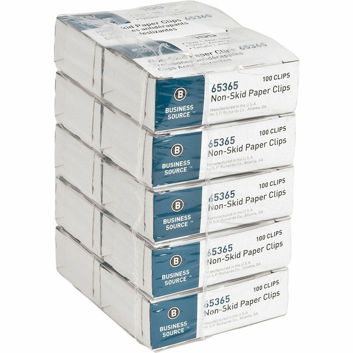 Business Source Non-Skid Paper Clips - Standard - No. 1 - 0.38" (9.65 mm) Length x 1.25" (31.75 mm) Width - Silver - Steel - 100/Box - 10 / Pack