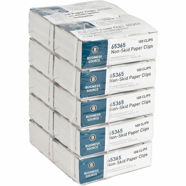 Business Source Non-Skid Paper Clips - Standard - No. 1 - 0.38" (9.65 mm) Length x 1.25" (31.75 mm) Width - Silver - Steel - 100/Box - 10 / Pack
