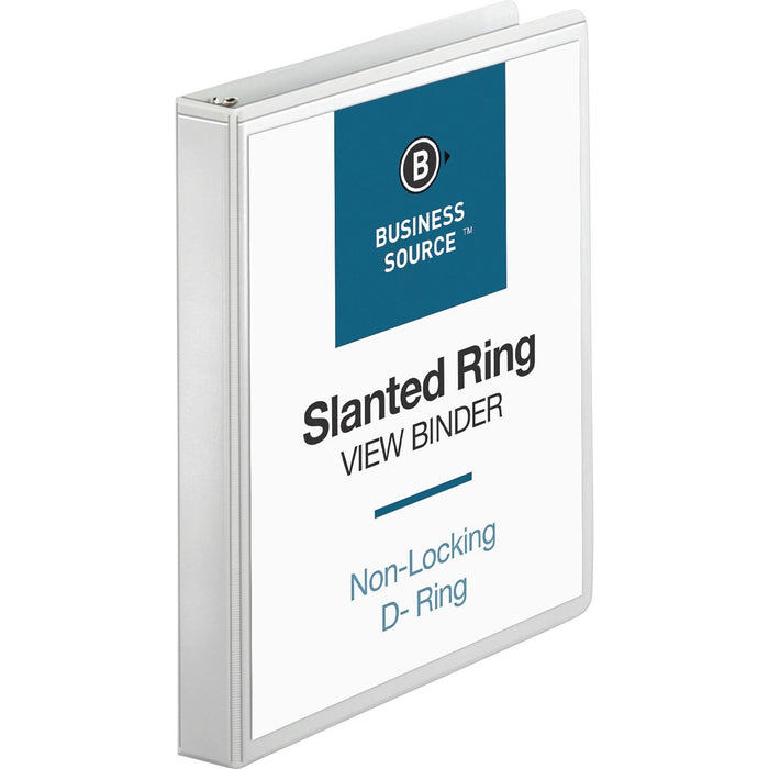 Business Source Basic D-Ring View Binder - 1" (25.40 mm) Binder Capacity - Letter - 8 1/2" (215.90 mm) x 11" (279.40 mm) Sheet Size - 240 Sheet Capacity - 3 Ring - Fastener: D-Ring - Pocket: Internal - Polypropylene - White - 1.04 lb (471.74 g) - No - Cle