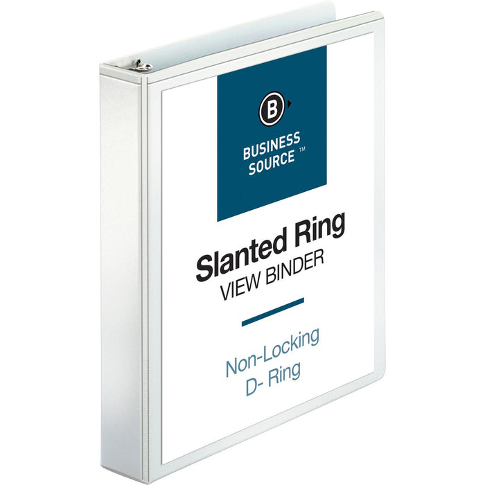 Business Source Basic D-Ring View Binder - 1 1/2" (38.10 mm) Binder Capacity - Letter - 8 1/2" (215.90 mm) x 11" (279.40 mm) Sheet Size - 375 Sheet Capacity - 3 Ring - Fastener: D-Ring - Pocket: Internal - Polypropylene, Chipboard - White - 1.12 lb (508.0