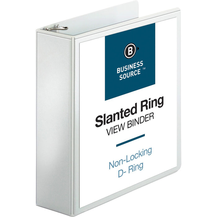 Business Source Basic D-Ring White View Binders - 3" (76.20 mm) Binder Capacity - Letter - 8 1/2" (215.90 mm) x 11" (279.40 mm) Sheet Size - Fastener: D-Ring - Polypropylene - White - 1.70 lb (771.11 g) - No - Clear Overlay - 1 Each