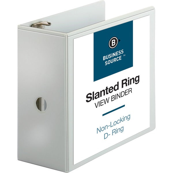 Business Source Basic D-Ring White View Binders - 5" (127 mm) Binder Capacity - Letter - 8 1/2" (215.90 mm) x 11" (279.40 mm) Sheet Size - Fastener(s): D-Ring - Polypropylene - White - 2.10 lb (952.54 g) - Clear Overlay - 1 Each