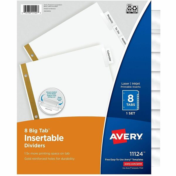 Avery&reg; Big Tab™ Insertable Dividers, 8 tabs, 1 set - 8 x Divider(s) - Digit - 8 - 8 Tab(s)/Set - 8.50" (215.90 mm) Divider Width x 11" (279.40 mm) Divider Length - 3 Hole Punched - White Paper Divider - Clear Paper, Plastic Tab(s) - 20% - Hole-p