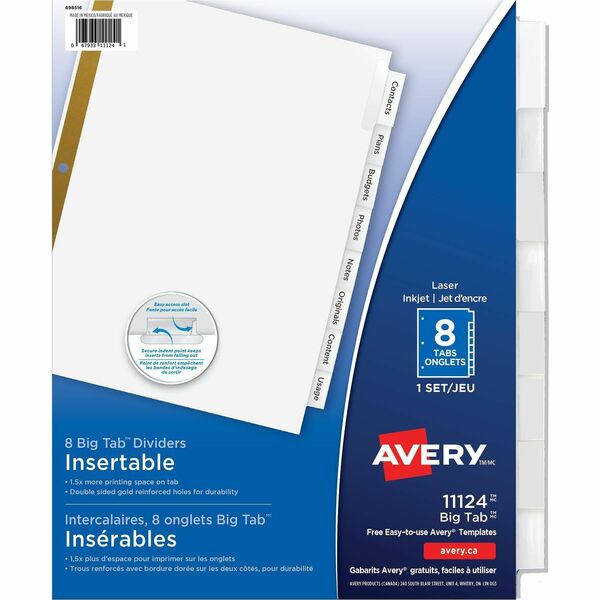 Avery&reg; Big Tab&trade; Insertable Dividers, 8 tabs, 1 set - 8 x Divider(s) - 8 - 8 Tab(s)/Set - 8.50" Divider Width x 11" Divider Length - 3 Hole Punched - White Paper Divider - Clear Paper, Plastic Tab(s) - Recycled - 8 / Set