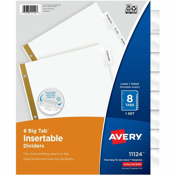 Avery&reg; Big Tab&#8482; Insertable Dividers, 8 tabs, 1 set - 8 x Divider(s) - Digit - 8 - 8 Tab(s)/Set - 8.50" (215.90 mm) Divider Width x 11" (279.40 mm) Divider Length - 3 Hole Punched - White Paper Divider - Clear Paper, Plastic Tab(s) - 20% - Hole-p
