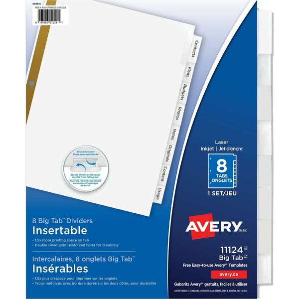 Avery&reg; Big Tab&trade; Insertable Dividers, 8 tabs, 1 set - 8 x Divider(s) - 8 - 8 Tab(s)/Set - 8.50" (215.90 mm) Divider Width x 11" (279.40 mm) Divider Length - 3 Hole Punched - White Paper Divider - Clear Paper, Plastic Tab(s) - 20% Recycled - 8 / S