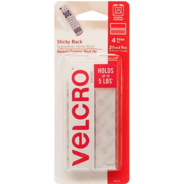 VELCRO&reg; 90076 General Purpose Sticky Back - 3.50" (88.9 mm) Length x 0.75" (19.1 mm) Width - For Mounting, Decorating - 4 / Pack - White