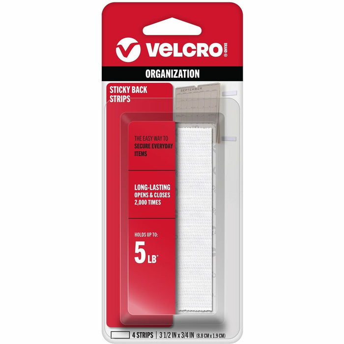VELCRO&reg; Sticky Back 3 1/2in x 3/4in Strips White 4 Ct - 3.50" (88.9 mm) Length x 0.75" (19 mm) Width - White - For Mounting, Decorating, Smooth Surface, Indoor, Outdoor, Home, School, Office - 4 / Pack