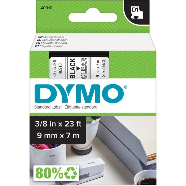 Dymo D1 Electronic Tape Cartridge - 3/8" (9.52 mm) Width x 23 ft (7 m) Length - Semi-permanent Adhesive - Rectangle - Thermal Transfer - Clear - Polyester - Scratch Resistant, Chemical Resistant, Self-adhesive - 1 Each