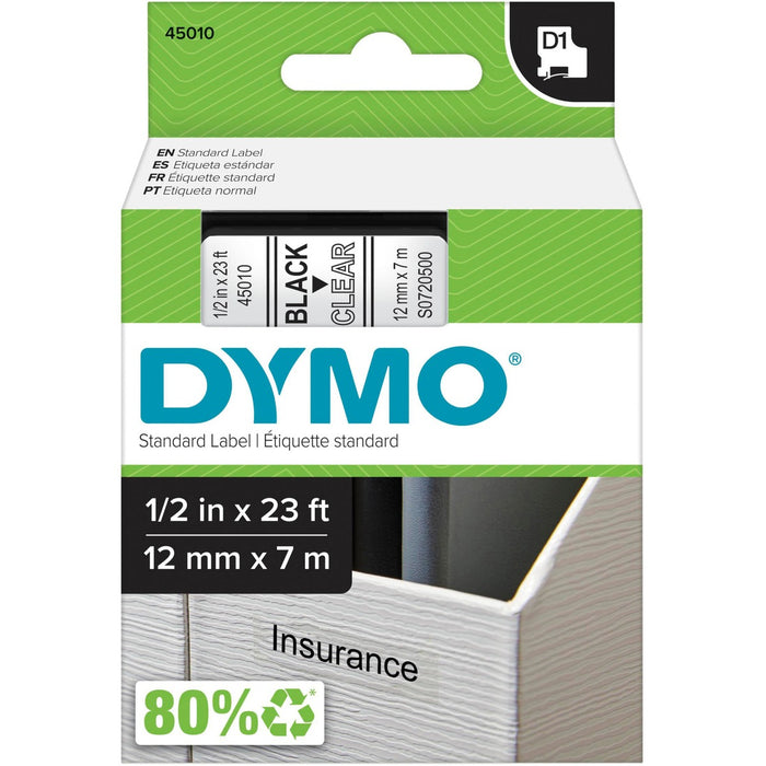 Dymo D1 Electronic Tape Cartridge - 1/2" (12.70 mm) Width x 23 ft (7 m) Length - Rectangle - Thermal Transfer - Clear - Polyester - 1 Each