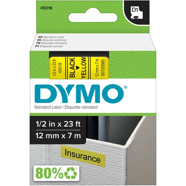 Dymo D1 Electronic Tape Cartridge - 1/2" (12.70 mm) Width - Thermal Transfer - Yellow - Polyester - 1 Each
