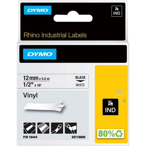 Dymo Rhino Industrial Vinyl Labels - 15/32" (12 mm) Width x 18 3/64 ft (5.5 m) Length - Permanent Adhesive - Rectangle - Thermal Transfer - Black on White - Vinyl - Water Resistant - Chemical Resistant, Oil Resistant - 1 Each