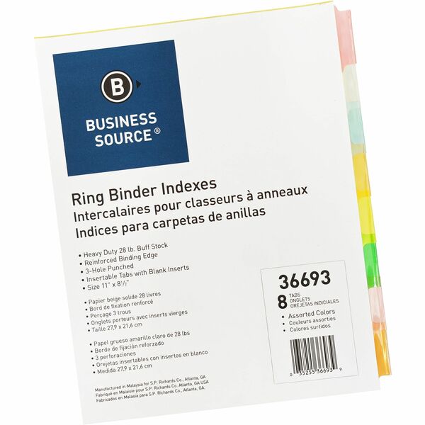 Business Source Insertable Tab Ring Binder Indexes - 8 Blank Tab(s)1.50" Tab Width - 8.50" Divider Width x 11" Divider Length - Letter - 3 Hole Punched - Multicolor Tab(s) - Tear Resistant, Punched, Insertable, Reinforced Edges - 8 / Set