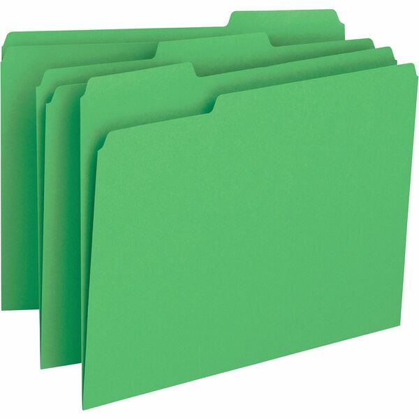 Business Source 1/3 Tab Cut Letter Recycled Top Tab File Folder - 8 1/2" (215.90 mm) x 11" (279.40 mm) - Top Tab Location - Assorted Tab Position - 11 pt. (3.87 mm) - 1 Plys - Green - 10% Recycled - 100 / Box