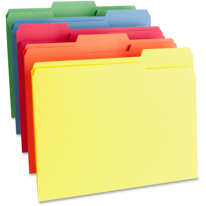 Business Source 1/3 Tab Cut Letter Recycled Top Tab File Folder - 8 1/2" (215.90 mm) x 11" (279.40 mm) - Top Tab Location - Assorted Tab Position - 11 pt. (3.87 mm) - 1 Plys - Assorted - 10% Recycled - 100 / Box