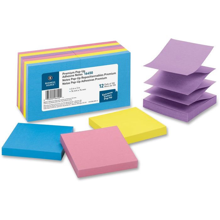 Business Source Reposition Pop-up Adhesive Notes - 3" (76.20 mm) Flag/Note Width x 3" (76.20 mm) Flag/Note Length - Square - Assorted - Removable, Repositionable, Solvent-free Adhesive - No - 12 / Pack
